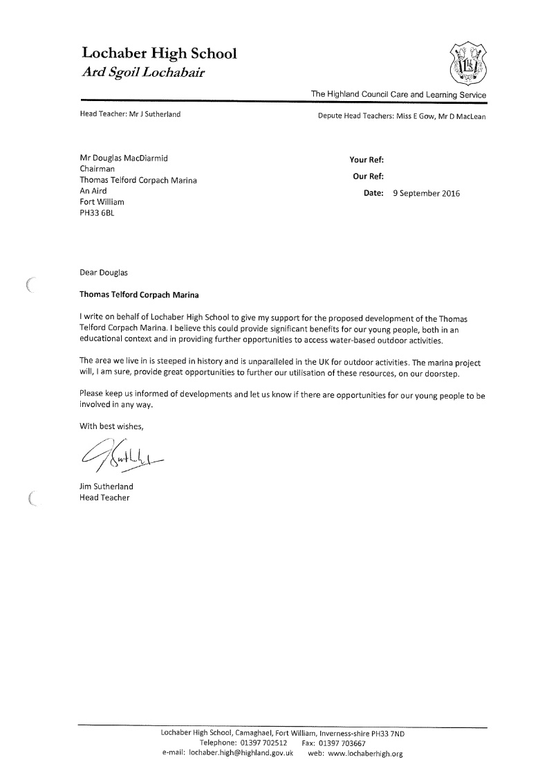 Lochaber High School support letter a letter of support from Lochaber High School head Teacher